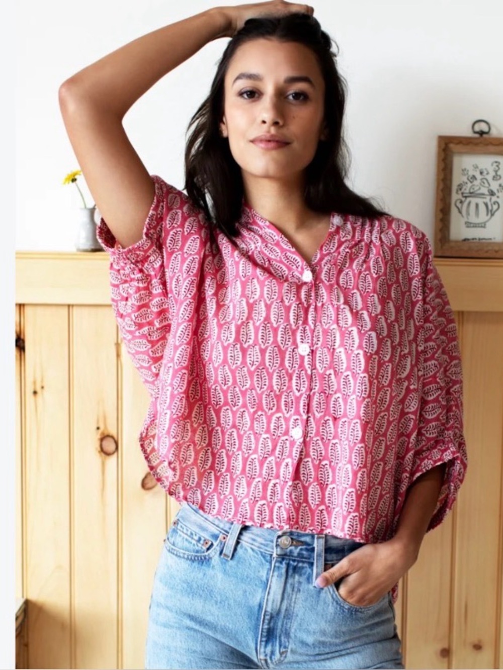 Emerson Fry India Collection Mandarin Collar Top One Size Block Print Pink White